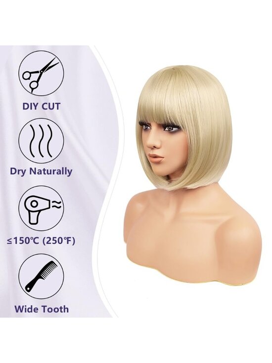 Women Blonde Heat Resistant Synthetic Bob Party Neon Wig Bangs 12 Inch main image 7